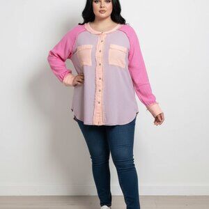 The Easel Multi-Tonal Pink and Purple Gauze Button Down Top-Plus Size 2X